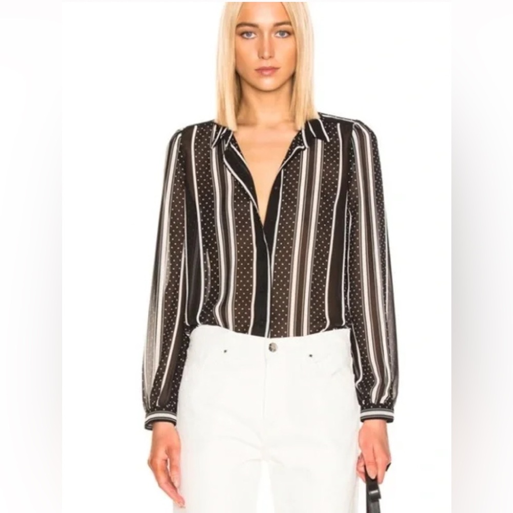 RtA Sinead Long Sleeve Black and White Striped Polka Dot Sheer Blouse Sz M